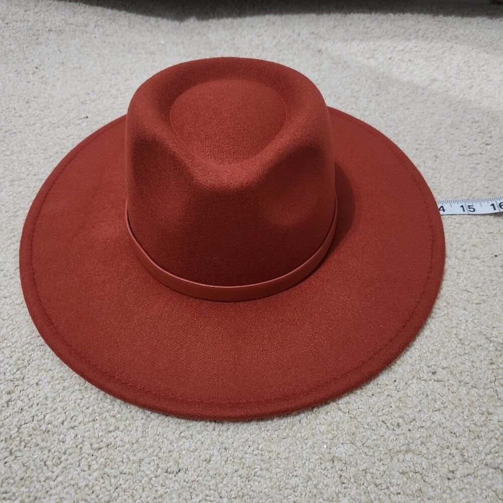 New Faux Leather-Trim Felt Fedora - Rust